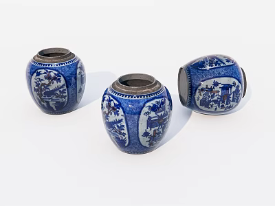 Three Blue and White Ceramic Jars With Intricate Scenic Patterns on White Background 3d model