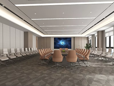 Modern Conference Room Interior With Large Display Screen Beige Chairs And Natural Light 3d model