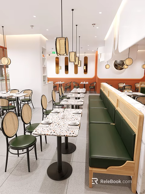 Bright Modern Japanese Restaurant Interior With Terrazzo Tables Rattan Chairs And Comfortable Green Booths 3d model 