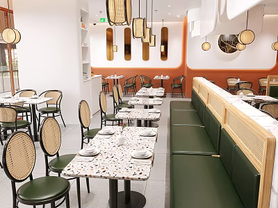 Bright Modern Japanese Restaurant Interior With Terrazzo Tables Rattan Chairs And Comfortable Green Booths 3d model