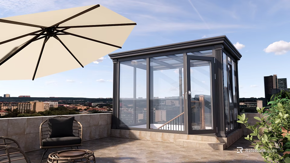 Villa Balcony With Glass Roof Walls Rooftop Terrace Beige Parasol Black Chair And City View 3d model 