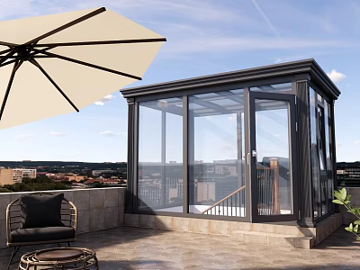 Villa Balcony With Glass Roof Walls Rooftop Terrace Beige Parasol Black Chair And City View 3d model