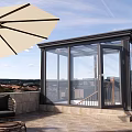 Villa Balcony With Glass Roof Walls Rooftop Terrace Beige Parasol Black Chair And City View
