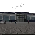 Service Station Exterior Featuring Blue And White Design People At Entrance Vehicles Parked Birds Flying