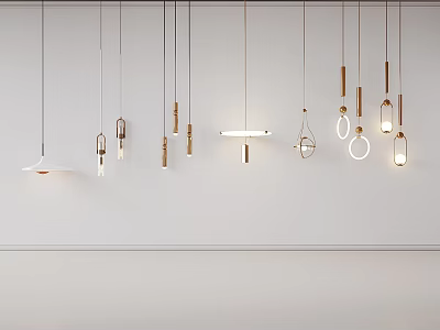 Modern Pendant Lights With Various Metal Designs Hanging In White Interior 3d model