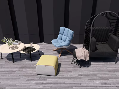 Blue Fabric Single Sofa With Black Rattan Chair Small Coffee Table Yellow Ottoman And Wooden Floor 3d model