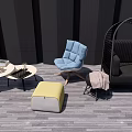 Blue Fabric Single Sofa With Black Rattan Chair Small Coffee Table Yellow Ottoman And Wooden Floor