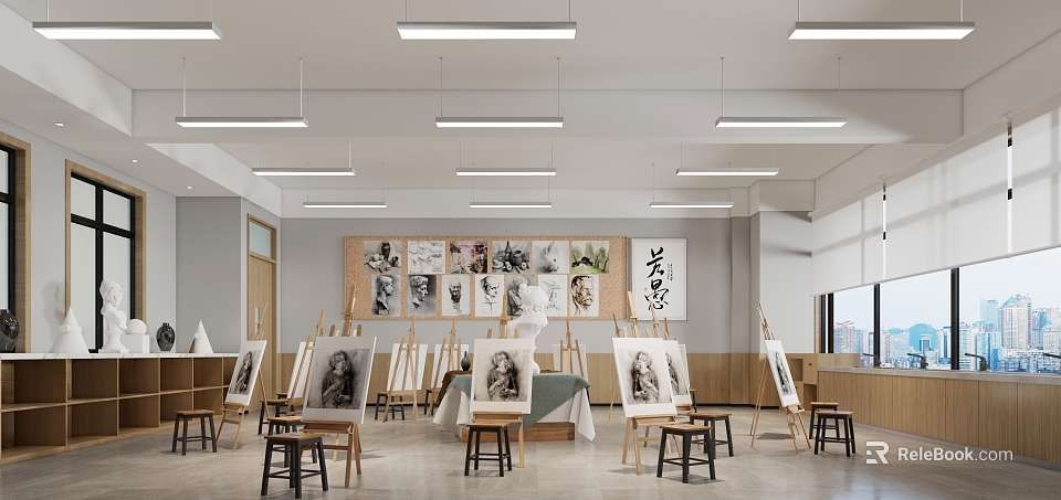 School Art Classroom With Easels Sketch Artworks Wall Paintings And Stools 3d model 