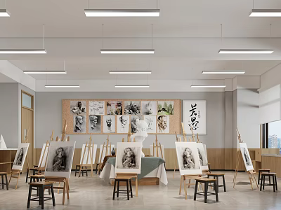 School Art Classroom With Easels Sketch Artworks Wall Paintings And Stools 3d model