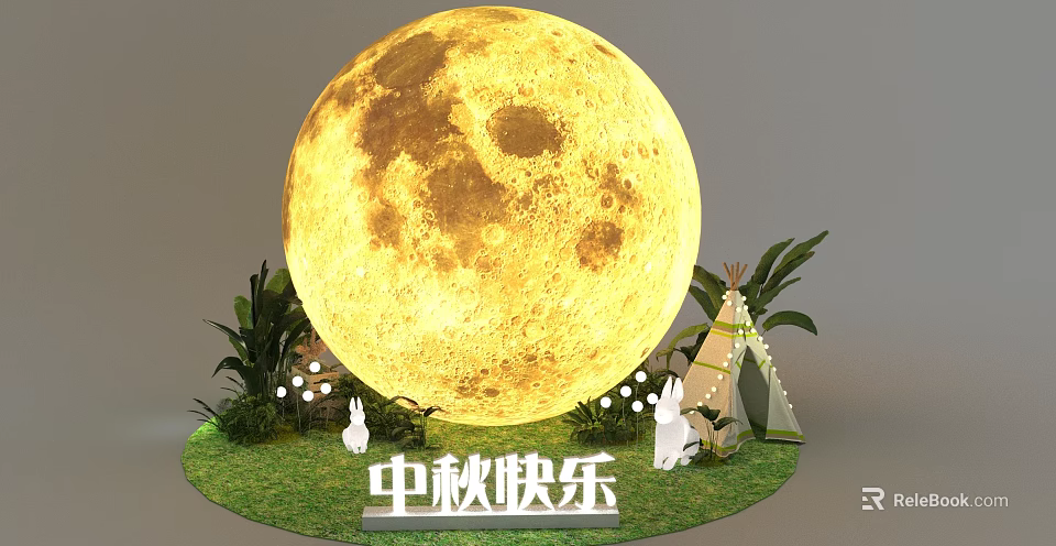 Festive Mid Autumn Display Featuring Large Glowing Moon White Rabbit Small Tent And Green Plants 3d model 