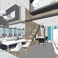 Modern Public Office Space With Open Layout White Chairs Hanging Lights And Computers 3d model
