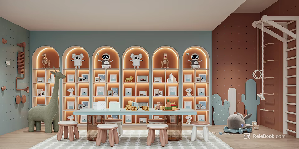 Colorful Entertainment Room Interior With Arched Shelves Stuffed Animals Long Table And Stools 3d model 