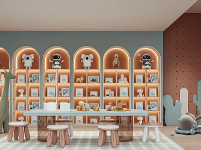 Colorful Entertainment Room Interior With Arched Shelves Stuffed Animals Long Table And Stools 3d model