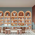Colorful Entertainment Room Interior With Arched Shelves Stuffed Animals Long Table And Stools