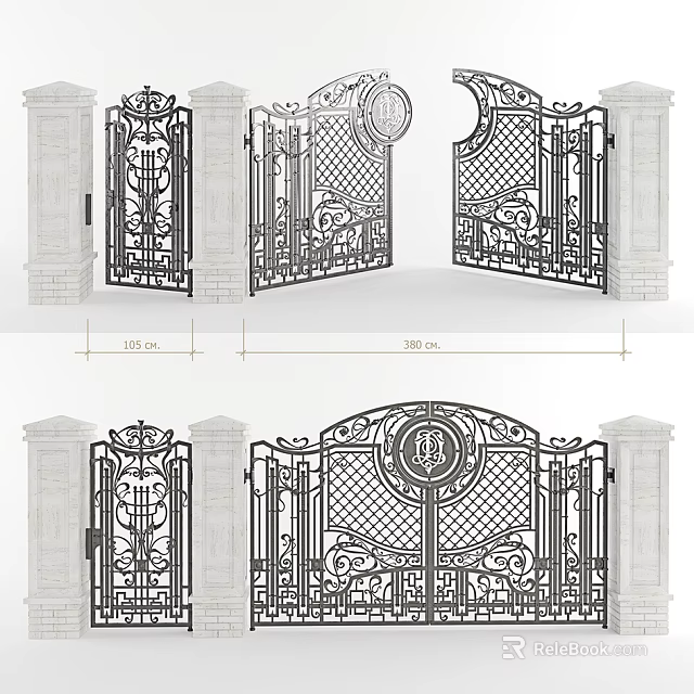 Decorative Wrought Iron Gate With Ornate Patterns And Stone Pillars Design 3d model 