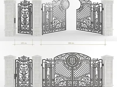 Decorative Wrought Iron Gate With Ornate Patterns And Stone Pillars Design 3d model