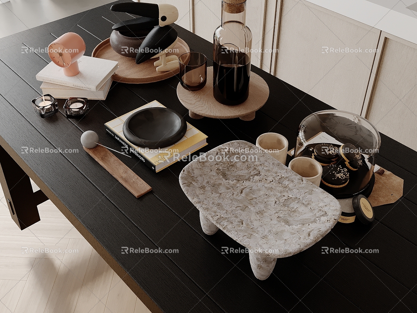 Modern Table Ornaments Books Drinkware Clock Pastry 3d model