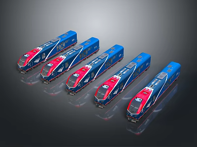Five Modern Blue and Red High Speed Trains With Sleek Design Lineup 3d model