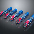 Five Modern Blue and Red High Speed Trains With Sleek Design Lineup