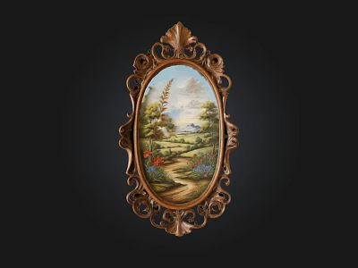 Oval Mirror with Ornate Carved Frame and Landscape Painting on Black Background 3d model
