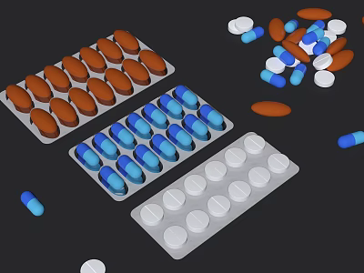 Medical Devices Including Colored Tablets and Capsules in Aluminum Foil Packaging Scattered on Black Background 3d model