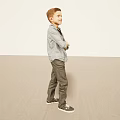 Man with crossed arms wearing gray jacket red shirt dark pants sneakers against light background