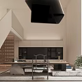 Modern Basement Interior With Staircase Sofa Coffee Table And Art Sculpture