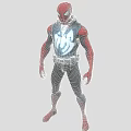 Red And Black Superhero Game Movie Character With Blue Chest Emblem And Tech Inspired Costume
