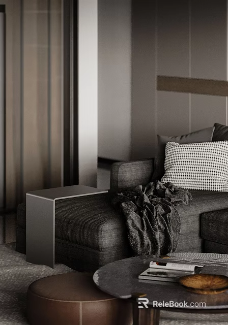 Modern Living Dining Room Interior With Grey Sofa Checkered Cushion Side Table And Wooden Walls 3d model 