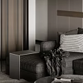 Modern Living Dining Room Interior With Grey Sofa Checkered Cushion Side Table And Wooden Walls