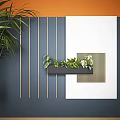 Modern Wall Decor with Teal Panel Golden Lines and Pink Planter with Green Plants
