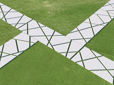Geometric Garden Feature With Crossing White Stone Paths On Green Lawn 3d model