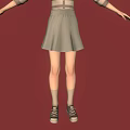 3D Girl Character With Brown Hair Striped Sweater Gray Skirt Red Background Arms Outstretched