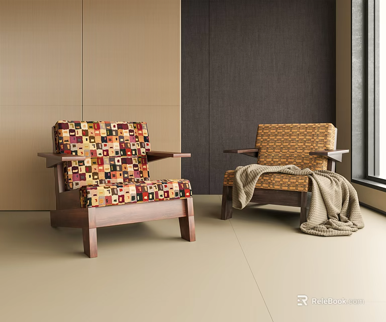 Multicolor Check And Yellow Plaid Leisure Chairs With Wooden Frame And Blanket In Modern Interior 3d model 