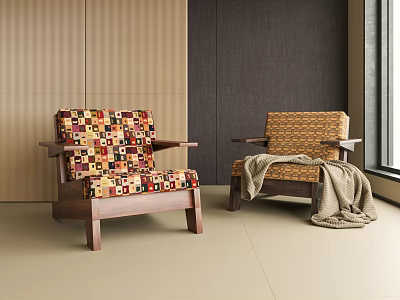 Multicolor Check And Yellow Plaid Leisure Chairs With Wooden Frame And Blanket In Modern Interior 3d model