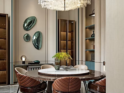 Elegant Restaurant Interior With Round Dining Table Brown Seats Green Wall Decor And Luxurious Chandelier 3d model
