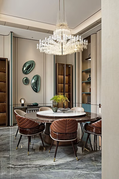 Elegant Restaurant Interior With Round Dining Table Brown Seats Green Wall Decor And Luxurious Chandelier 3d model