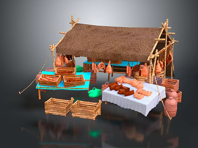 Cartoon Market Stall With Thatched Roof Bamboo Structure Hanging Meats Bread Pastries And Clay Pots 3d model
