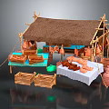 Cartoon Market Stall With Thatched Roof Bamboo Structure Hanging Meats Bread Pastries And Clay Pots