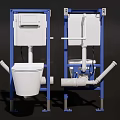 Wall Hung White Ceramic Toilet With Blue Metal Frame And Connected Pipes