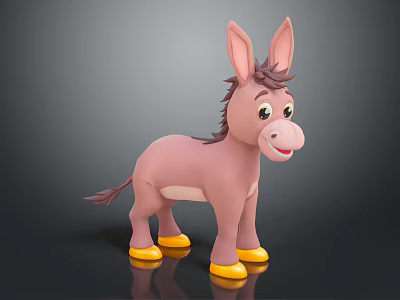 Cute 3D Cartoon Pink Donkey Toy With Big Ears Smiling Face And Yellow Hooves 3d model