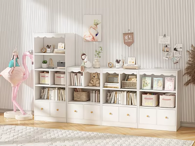 White Kids Bookcase With Drawers Open Shelves Books Decorations Striped Wallpaper Wooden Floor 3d model