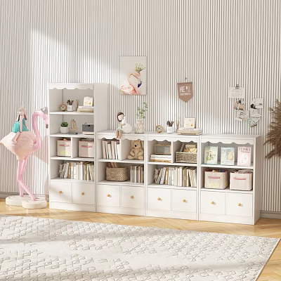 White Kids Bookcase With Drawers Open Shelves Books Decorations Striped Wallpaper Wooden Floor 3d model