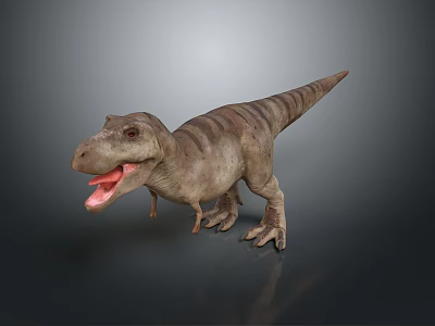 Tyrannosaurus Rex 3D Model With Open Mouth Striped Skin Standing Pose Gray Background 3d model