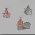 Windmill Building Components Featuring Red Roofs Blades Wooden Walls and Windows Design Details