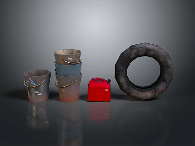 Everyday Household Supplies With Stacked Buckets Red Container And Black Rubber Ring 3d model