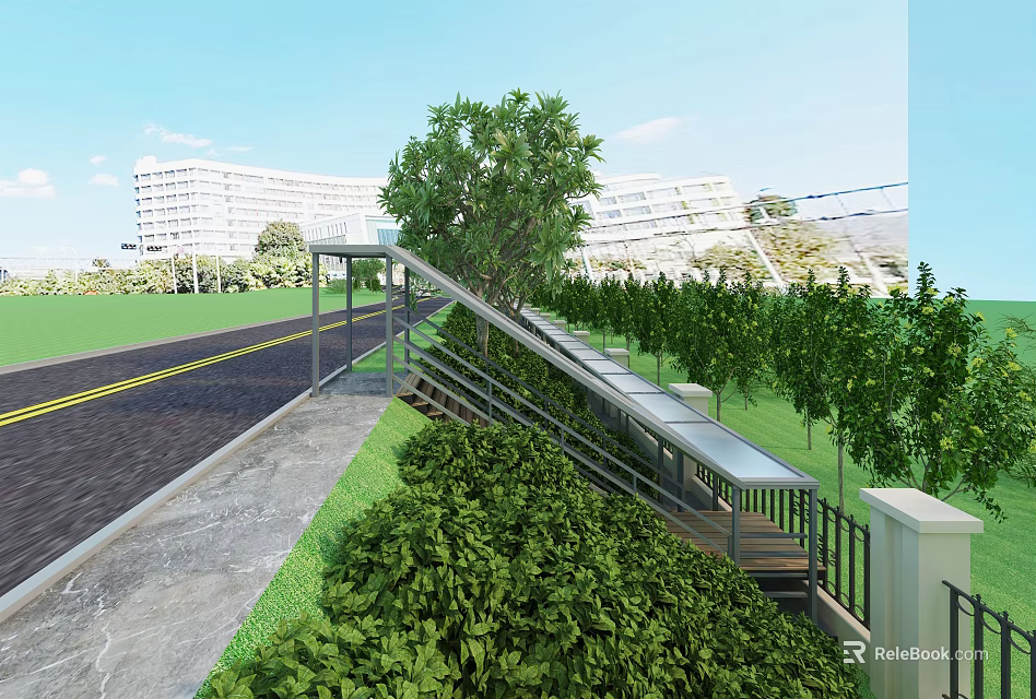 Outdoor Staircase With Metal Railing Lush Greenery And Background Buildings On Sunny Day 3d model 