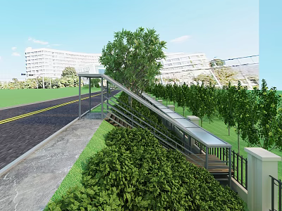 Outdoor Staircase With Metal Railing Lush Greenery And Background Buildings On Sunny Day 3d model