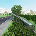 Outdoor Staircase With Metal Railing Lush Greenery And Background Buildings On Sunny Day