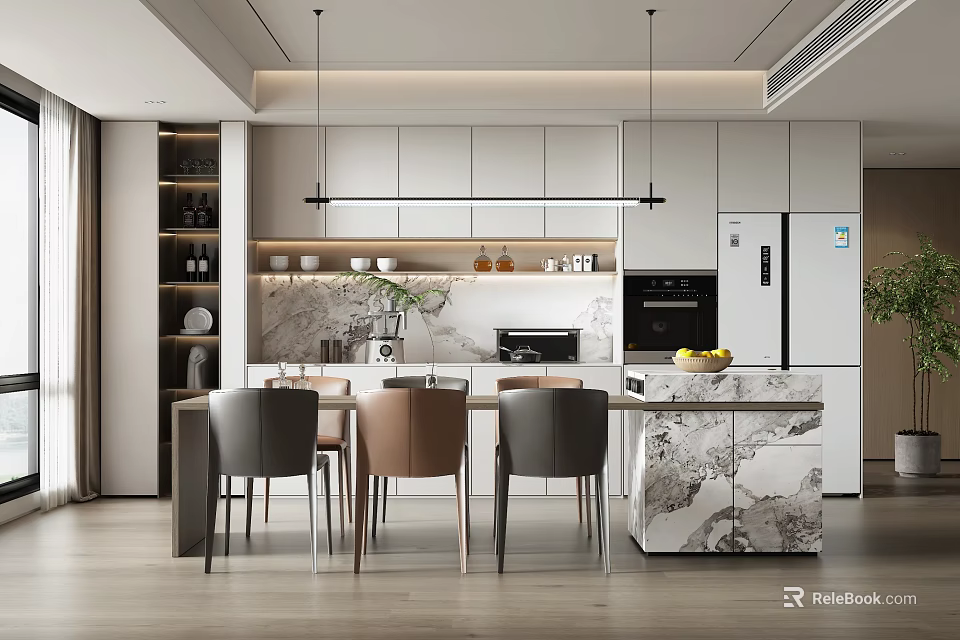Elegant Modern Dining Room Interior With Marble Table Chairs Pendant Lights And Cabinets 3d model